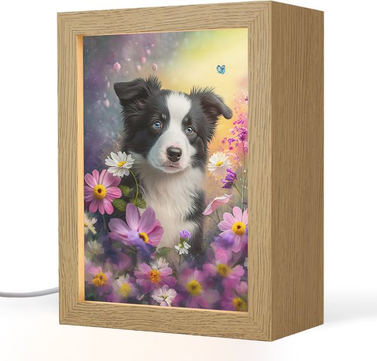 Nachtlampje 15x20 cm - Kinder lampje - Hond - Bloemen - Natuur - Puppy - Bordercollie - Tafellamp kinderkamer - Slaapkamer lamp - Bedlamp kinderen - Kinderlampje stopcontact - Wandlamp babykamer - Nachtlampjes van OnlyWow