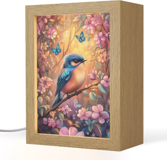 Nachtlampje 15x20 cm - Kinder lampje - IJsvogel - Sprookjesbos - Roze - Bloemen - Tafellamp kinderkamer - Slaapkamer lamp - Bedlamp kinderen - Kinderlampje stopcontact - Wandlamp babykamer - Nachtlampjes