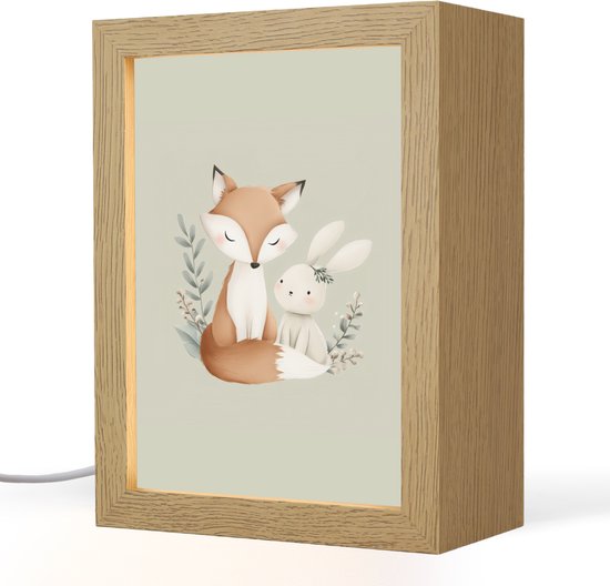 Nachtlampje 15x20 cm - Kinder lampje - Illustratie - Vos - Konijn - Bladeren - Tafellamp kinderkamer - Slaapkamer lamp - Bedlamp kinderen - Kinderlampje stopcontact - Wandlamp babykamer - Nachtlampjes van Mr. Starsky
