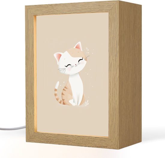 Nachtlampje 15x20 cm - Kinder lampje - Kat - Kitten - Beige - Tafellamp kinderkamer - Slaapkamer lamp - Bedlamp kinderen - Kinderlampje stopcontact - Wandlamp babykamer - Nachtlampjes