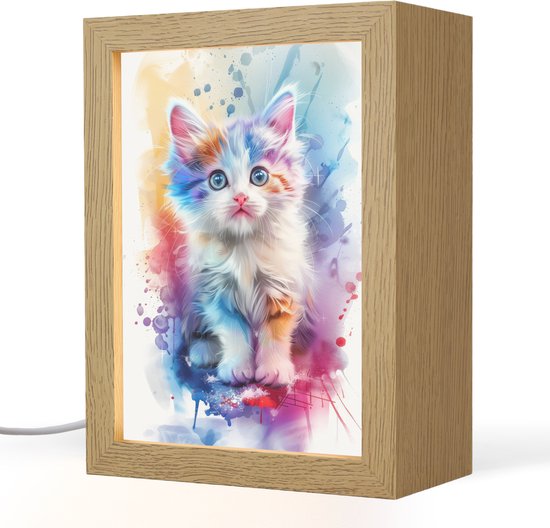 Nachtlampje 15x20 cm - Kinder lampje - Kat - Kleurrijk - Verf - Dier - Wit - Tafellamp kinderkamer - Slaapkamer lamp - Bedlamp kinderen - Kinderlampje stopcontact - Wandlamp babykamer - Nachtlampjes
