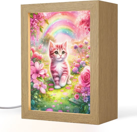 Nachtlampje 15x20 cm - Kinder lampje - Kitten - Roze - Kat - Regenboog - Bloemen - Tafellamp kinderkamer - Slaapkamer lamp - Bedlamp kinderen - Kinderlampje stopcontact - Wandlamp babykamer - Nachtlampjes van Merkloos