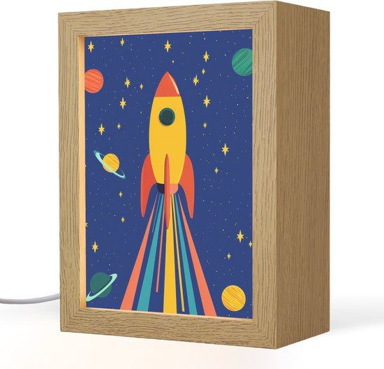 Nachtlampje 15x20 cm - Kinder lampje - Kleurrijk - Raket - Ruimte - Tafellamp kinderkamer - Slaapkamer lamp - Bedlamp kinderen - Kinderlampje stopcontact - Wandlamp babykamer - Nachtlampjes