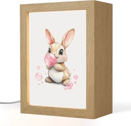 Nachtlampje 15x20 cm - Kinder lampje - Konijn - Roze - Bellen - Tafellamp kinderkamer - Slaapkamer lamp - Bedlamp kinderen - Kinderlampje stopcontact - Wandlamp babykamer - Nachtlampjes