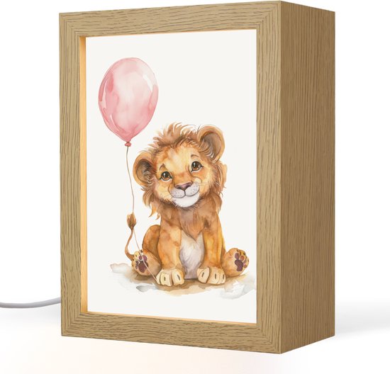 Nachtlampje 15x20 cm - Kinder lampje - Leeuw - Baby dier - Dieren - Roze ballon - Tafellamp kinderkamer - Slaapkamer lamp - Bedlamp kinderen - Kinderlampje stopcontact - Wandlamp babykamer - Nachtlampjes van Merkloos