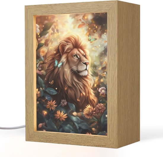 Nachtlampje 15x20 cm - Kinder lampje - Leeuw - Dieren - Bloemen - Jungle - Tafellamp kinderkamer - Slaapkamer lamp - Bedlamp kinderen - Kinderlampje stopcontact - Wandlamp babykamer - Nachtlampjes