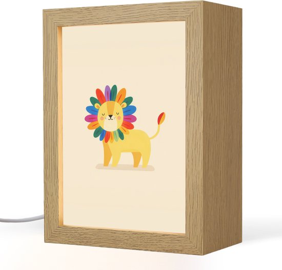 Nachtlampje 15x20 cm - Kinder lampje - Leeuw - Kleurrijke manen - Beige - Tafellamp kinderkamer - Slaapkamer lamp - Bedlamp kinderen - Kinderlampje stopcontact - Wandlamp babykamer - Nachtlampjes van Merkloos
