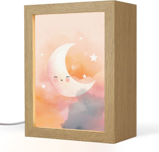 Nachtlampje 15x20 cm - Kinder lampje - Maan - Gezichtje - Sterren - Roze - Tafellamp kinderkamer - Slaapkamer lamp - Bedlamp kinderen - Kinderlampje stopcontact - Wandlamp babykamer - Nachtlampjes