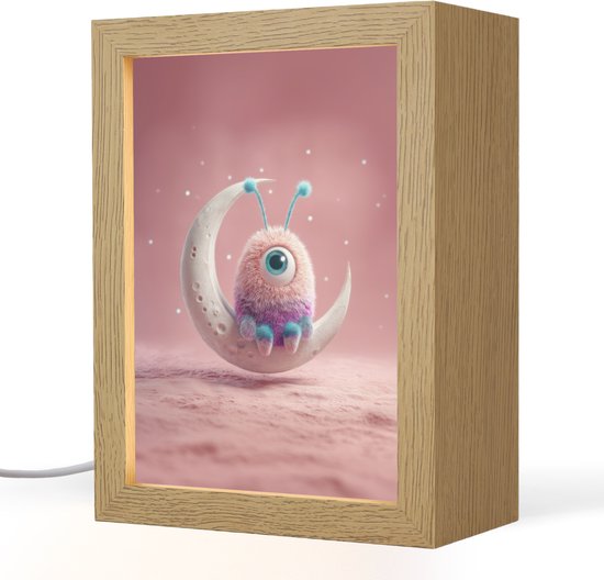 Nachtlampje 15x20 cm - Kinder lampje - Maan - Monster - Roze - Tafellamp kinderkamer - Slaapkamer lamp - Bedlamp kinderen - Kinderlampje stopcontact - Wandlamp babykamer - Nachtlampjes