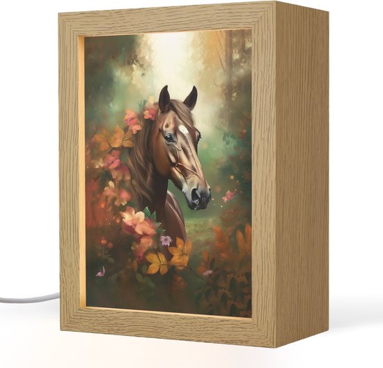 Nachtlampje 15x20 cm - Kinder lampje - Paard - Bloemen - Natuur - Dieren - Bos - Oranje - Tafellamp kinderkamer - Slaapkamer lamp - Bedlamp kinderen - Kinderlampje stopcontact - Wandlamp babykamer - Nachtlampjes van OnlyWow