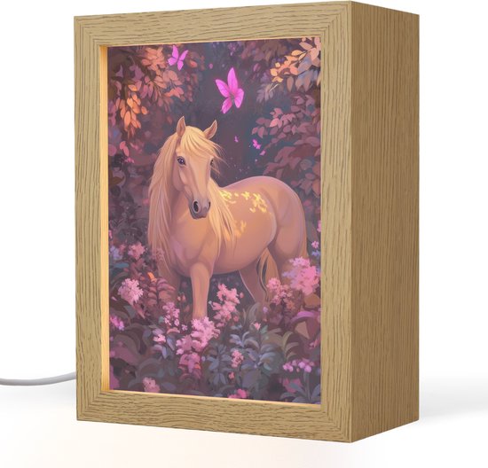 Nachtlampje 15x20 cm - Kinder lampje - Paard - Bloemen - Paars - Vlinder - Tafellamp kinderkamer - Slaapkamer lamp - Bedlamp kinderen - Kinderlampje stopcontact - Wandlamp babykamer - Nachtlampjes van OnlyWow