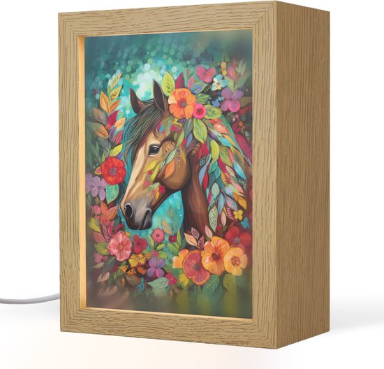 Nachtlampje 15x20 cm - Kinder lampje - Paard - Bloemen - Schilderij - Natuur - Verf - Tafellamp kinderkamer - Slaapkamer lamp - Bedlamp kinderen - Kinderlampje stopcontact - Wandlamp babykamer - Nachtlampjes