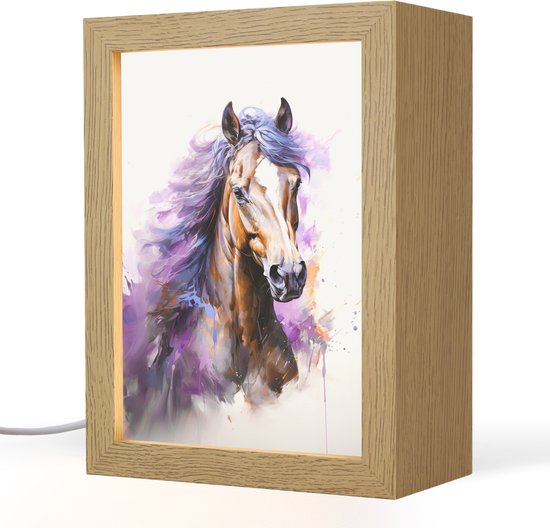 Nachtlampje 15x20 cm - Kinder lampje - Paard - Dieren - Meiden - Paars - Bruin - Tafellamp kinderkamer - Slaapkamer lamp - Bedlamp kinderen - Kinderlampje stopcontact - Wandlamp babykamer - Nachtlampjes van Merkloos