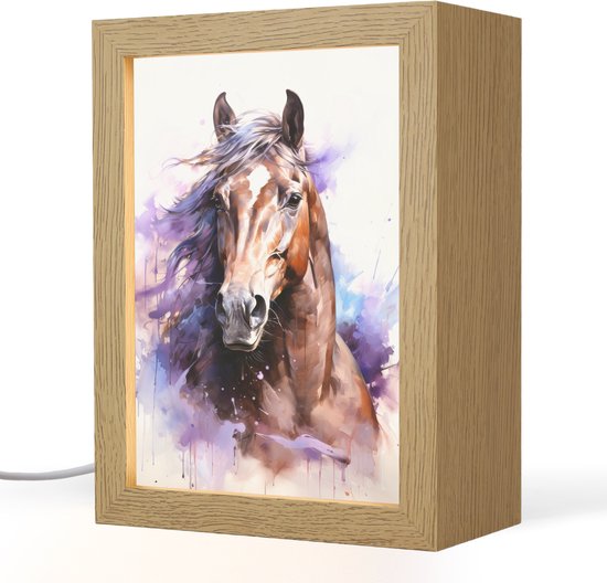 Nachtlampje 15x20 cm - Kinder lampje - Paard - Dieren - Meisjes - Paars - Bruin - Tafellamp kinderkamer - Slaapkamer lamp - Bedlamp kinderen - Kinderlampje stopcontact - Wandlamp babykamer - Nachtlampjes van Decopatent