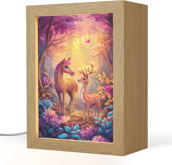 Nachtlampje 15x20 cm - Kinder lampje - Paard - Hert - Sprookjesbos - Paars - Tafellamp kinderkamer - Slaapkamer lamp - Bedlamp kinderen - Kinderlampje stopcontact - Wandlamp babykamer - Nachtlampjes van Merkloos
