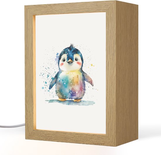 Nachtlampje 15x20 cm - Kinder lampje - Pinguïn - Regenboog - Waterverf - Dieren - Kinderen - Tafellamp kinderkamer - Slaapkamer lamp - Bedlamp kinderen - Kinderlampje stopcontact - Wandlamp babykamer - Nachtlampjes