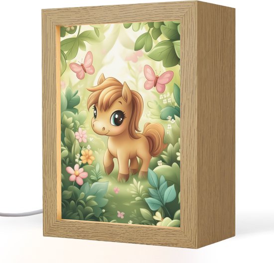 Nachtlampje 15x20 cm - Kinder lampje - Pony - Bruin - Cartoon - Vlinders - Tafellamp kinderkamer - Slaapkamer lamp - Bedlamp kinderen - Kinderlampje stopcontact - Wandlamp babykamer - Nachtlampjes van Merkloos