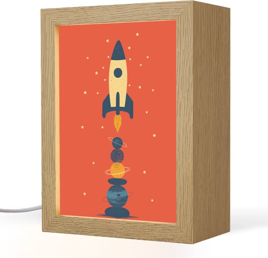 Nachtlampje 15x20 cm - Kinder lampje - Raket - Planeten - Rood - Tafellamp kinderkamer - Slaapkamer lamp - Bedlamp kinderen - Kinderlampje stopcontact - Wandlamp babykamer - Nachtlampjes