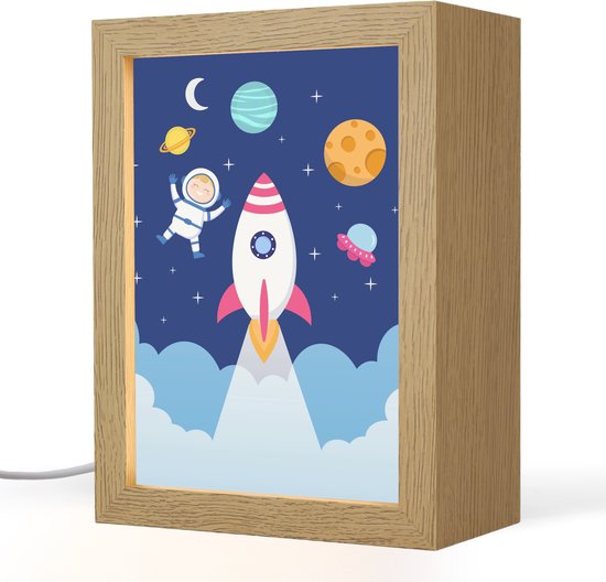 Nachtlampje 15x20 cm - Kinder lampje - Raket - Ruimte - Astronaut - Blauw - Jongens - Tafellamp kinderkamer - Slaapkamer lamp - Bedlamp kinderen - Kinderlampje stopcontact - Wandlamp babykamer - Nachtlampjes van N\A