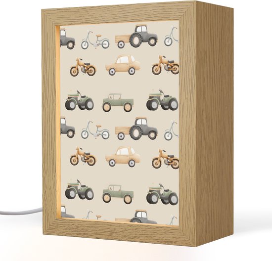 Nachtlampje 15x20 cm - Kinder lampje - Retro - voertuigen - patroon - Tafellamp kinderkamer - Slaapkamer lamp - Bedlamp kinderen - Kinderlampje stopcontact - Wandlamp babykamer - Nachtlampjes van Merkloos