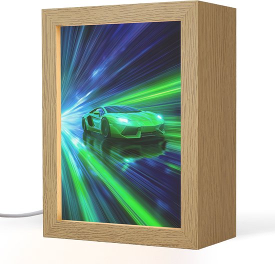 Nachtlampje 15x20 cm - Kinder lampje - Snelheid - Licht - Sportwagen - Groen - Tafellamp kinderkamer - Slaapkamer lamp - Bedlamp kinderen - Kinderlampje stopcontact - Wandlamp babykamer - Nachtlampjes