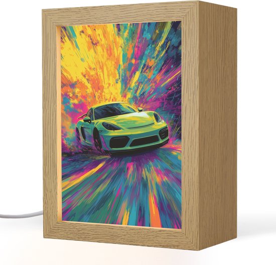 Nachtlampje 15x20 cm - Kinder lampje - Sportauto - Groen - Verfstrepen - Kleuren - Tafellamp kinderkamer - Slaapkamer lamp - Bedlamp kinderen - Kinderlampje stopcontact - Wandlamp babykamer - Nachtlampjes van Merkloos