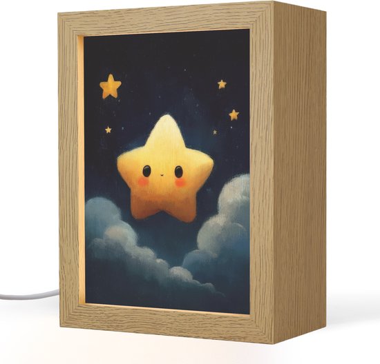 Nachtlampje 15x20 cm - Kinder lampje - Ster - Gezichtje - Nacht - Wolken - Tafellamp kinderkamer - Slaapkamer lamp - Bedlamp kinderen - Kinderlampje stopcontact - Wandlamp babykamer - Nachtlampjes van OnlyWow