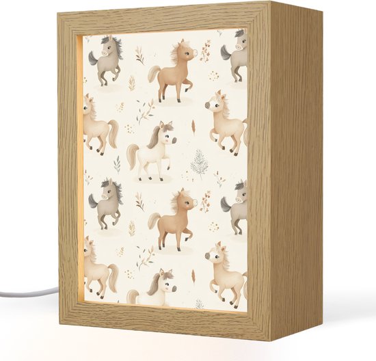 Nachtlampje 15x20 cm - Kinder lampje - Veulens - Paard - Patroon - Beige - Tafellamp kinderkamer - Slaapkamer lamp - Bedlamp kinderen - Kinderlampje stopcontact - Wandlamp babykamer - Nachtlampjes van Merkloos