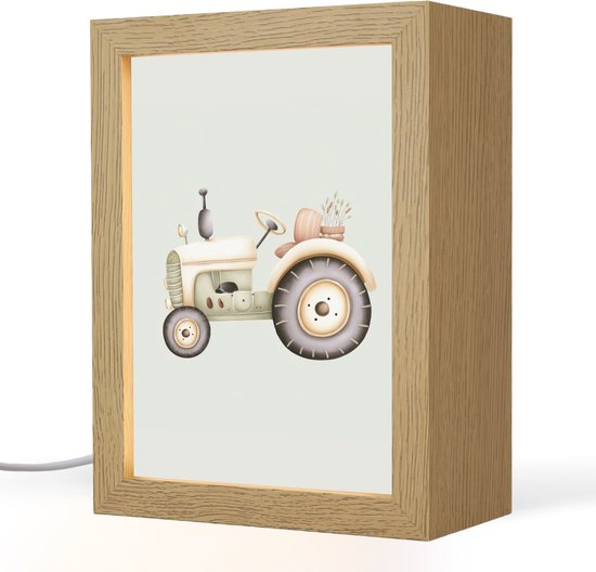 Nachtlampje 15x20 cm - Kinder lampje - Vintage - Tractor - Pastel - Tafellamp kinderkamer - Slaapkamer lamp - Bedlamp kinderen - Kinderlampje stopcontact - Wandlamp babykamer - Nachtlampjes van OnlyWow