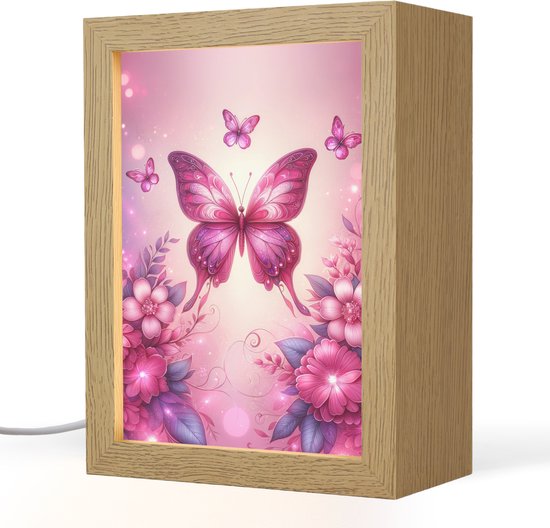 Nachtlampje 15x20 cm - Kinder lampje - Vlinder - Roze - Bloemen - Tafellamp kinderkamer - Slaapkamer lamp - Bedlamp kinderen - Kinderlampje stopcontact - Wandlamp babykamer - Nachtlampjes van Luzifi