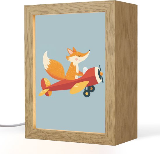 Nachtlampje 15x20 cm - Kinder lampje - Vos - Vliegtuig - Blauw - Tafellamp kinderkamer - Slaapkamer lamp - Bedlamp kinderen - Kinderlampje stopcontact - Wandlamp babykamer - Nachtlampjes