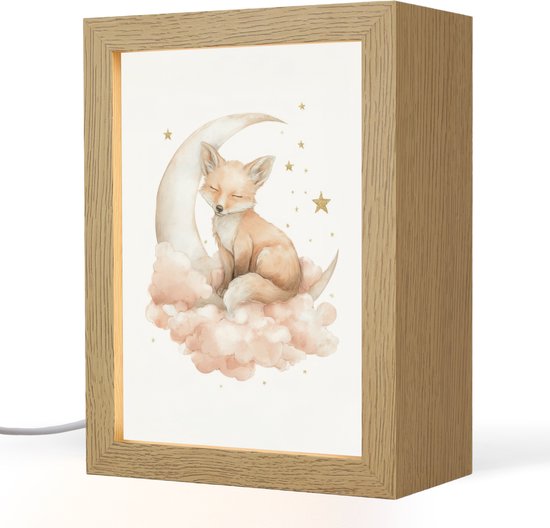 Nachtlampje 15x20 cm - Kinder lampje - Vos - Wolken - Maan - Sterren - Tafellamp kinderkamer - Slaapkamer lamp - Bedlamp kinderen - Kinderlampje stopcontact - Wandlamp babykamer - Nachtlampjes van Ylumen