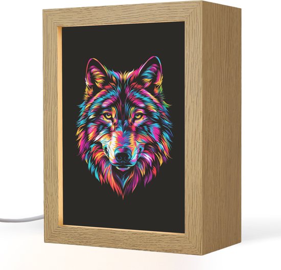 Nachtlampje 15x20 cm - Kinder lampje - Wolf - Kleurrijk - Zwart - Dieren - Neon - Tafellamp kinderkamer - Slaapkamer lamp - Bedlamp kinderen - Kinderlampje stopcontact - Wandlamp babykamer - Nachtlampjes van Merkloos