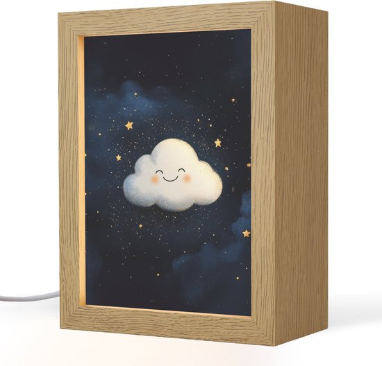 Nachtlampje 15x20 cm - Kinder lampje - Wolkje - Gezichtje - Sterren - Donkerblauw - Tafellamp kinderkamer - Slaapkamer lamp - Bedlamp kinderen - Kinderlampje stopcontact - Wandlamp babykamer - Nachtlampjes van Merkloos