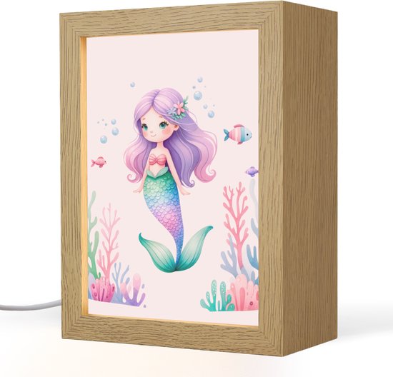 Nachtlampje 15x20 cm - Kinder lampje - Zeemeermin - Paars - Zeedieren - Onderwater - Vissen - Tafellamp kinderkamer - Slaapkamer lamp - Bedlamp kinderen - Kinderlampje stopcontact - Wandlamp babykamer - Nachtlampjes van Apollon Goods