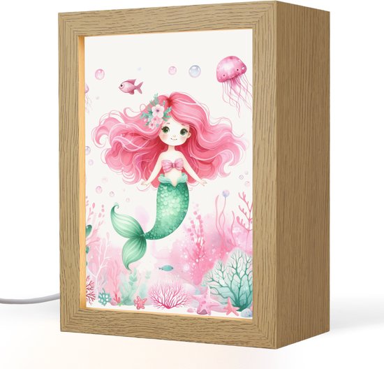 Nachtlampje 15x20 cm - Kinder lampje - Zeemeermin - Roze - Zeedieren - Onderwater - Tafellamp kinderkamer - Slaapkamer lamp - Bedlamp kinderen - Kinderlampje stopcontact - Wandlamp babykamer - Nachtlampjes van Home Living