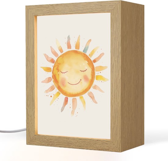 Nachtlampje 15x20 cm - Kinder lampje - Zon - Watercolor - Geel - Tafellamp kinderkamer - Slaapkamer lamp - Bedlamp kinderen - Kinderlampje stopcontact - Wandlamp babykamer - Nachtlampjes van OnlyWow