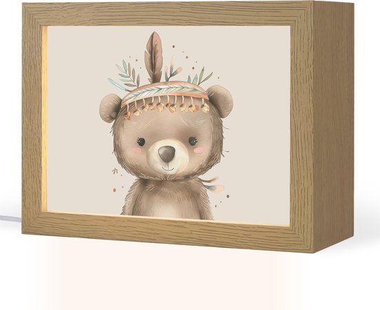 Nachtlampje 20x15 cm - Kinder lamp - Beer - Boho - Indianentooi - Dieren - Tafellamp kinderkamer - Slaapkamer lamp - Bedlamp kinderen - Kinderlampje stopcontact - Wandlamp babykamer - Nachtlampjes van Merkloos
