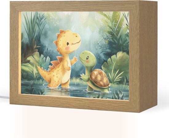 Nachtlampje 20x15 cm - Kinder lamp - Dinosaurus - Schildpad - Illustratie - Aquarel - Tafellamp kinderkamer - Slaapkamer lamp - Bedlamp kinderen - Kinderlampje stopcontact - Wandlamp babykamer - Nachtlampjes van Merkloos
