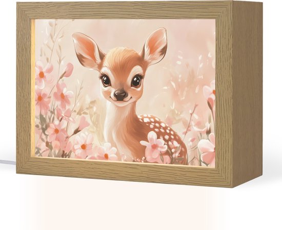 Nachtlampje 20x15 cm - Kinder lamp - Hertje - Illustratie - Bloemen - Roze - Tafellamp kinderkamer - Slaapkamer lamp - Bedlamp kinderen - Kinderlampje stopcontact - Wandlamp babykamer - Nachtlampjes van Walplus