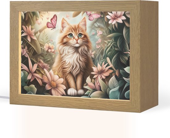 Nachtlampje 20x15 cm - Kinder lamp - Kat - Bloemen - Vlinders - Roze - Tafellamp kinderkamer - Slaapkamer lamp - Bedlamp kinderen - Kinderlampje stopcontact - Wandlamp babykamer - Nachtlampjes van Merkloos