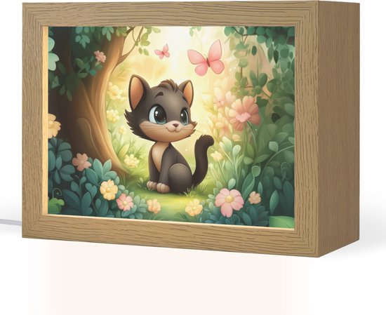 Nachtlampje 20x15 cm - Kinder lamp - Kat - Zwart - Bos - Vlinders - Tafellamp kinderkamer - Slaapkamer lamp - Bedlamp kinderen - Kinderlampje stopcontact - Wandlamp babykamer - Nachtlampjes van Merkloos