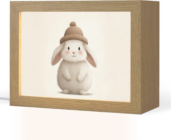 Nachtlampje 20x15 cm - Kinder lamp - Konijn - Muts - Oren - Beige - Tafellamp kinderkamer - Slaapkamer lamp - Bedlamp kinderen - Kinderlampje stopcontact - Wandlamp babykamer - Nachtlampjes van Merkloos