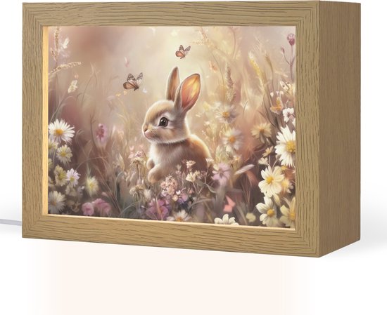 Nachtlampje 20x15 cm - Kinder lamp - Konijntje - Bruin - Bloemen - Vlinders - Tafellamp kinderkamer - Slaapkamer lamp - Bedlamp kinderen - Kinderlampje stopcontact - Wandlamp babykamer - Nachtlampjes van Merkloos