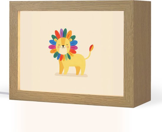 Nachtlampje 20x15 cm - Kinder lamp - Leeuw - Kleurrijke manen - Beige - Tafellamp kinderkamer - Slaapkamer lamp - Bedlamp kinderen - Kinderlampje stopcontact - Wandlamp babykamer - Nachtlampjes van Merkloos