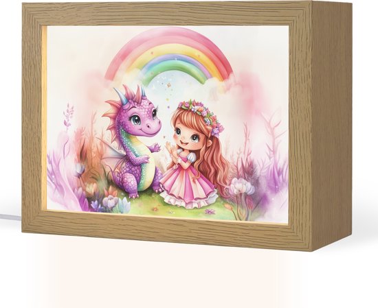 Nachtlampje 20x15 cm - Kinder lamp - Meisje - Draak - Regenboog - Tafellamp kinderkamer - Slaapkamer lamp - Bedlamp kinderen - Kinderlampje stopcontact - Wandlamp babykamer - Nachtlampjes van Digioi