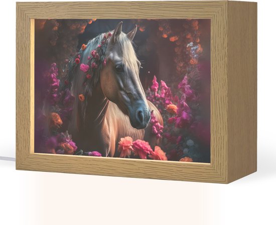 Nachtlampje 20x15 cm - Kinder lamp - Paard - Bloemen - Paars - Oranje - Dieren - Tafellamp kinderkamer - Slaapkamer lamp - Bedlamp kinderen - Kinderlampje stopcontact - Wandlamp babykamer - Nachtlampjes van Merkloos