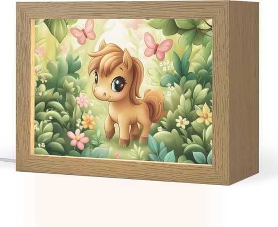 Nachtlampje 20x15 cm - Kinder lamp - Pony - Bruin - Cartoon - Vlinders - Tafellamp kinderkamer - Slaapkamer lamp - Bedlamp kinderen - Kinderlampje stopcontact - Wandlamp babykamer - Nachtlampjes van Merkloos