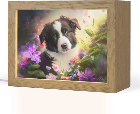 Nachtlampje 20x15 cm - Kinder lamp - Puppy - Zon - Bloemen - Natuur - Bordercollie - Hond - Tafellamp kinderkamer - Slaapkamer lamp - Bedlamp kinderen - Kinderlampje stopcontact - Wandlamp babykamer - Nachtlampjes van Smartprints