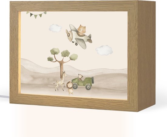 Nachtlampje 20x15 cm - Kinder lamp - Wilde dieren - Safari - Pastel kleuren - Watercolor - Vliegtuig - Tafellamp kinderkamer - Slaapkamer lamp - Bedlamp kinderen - Kinderlampje stopcontact - Wandlamp babykamer - Nachtlampjes van Merkloos